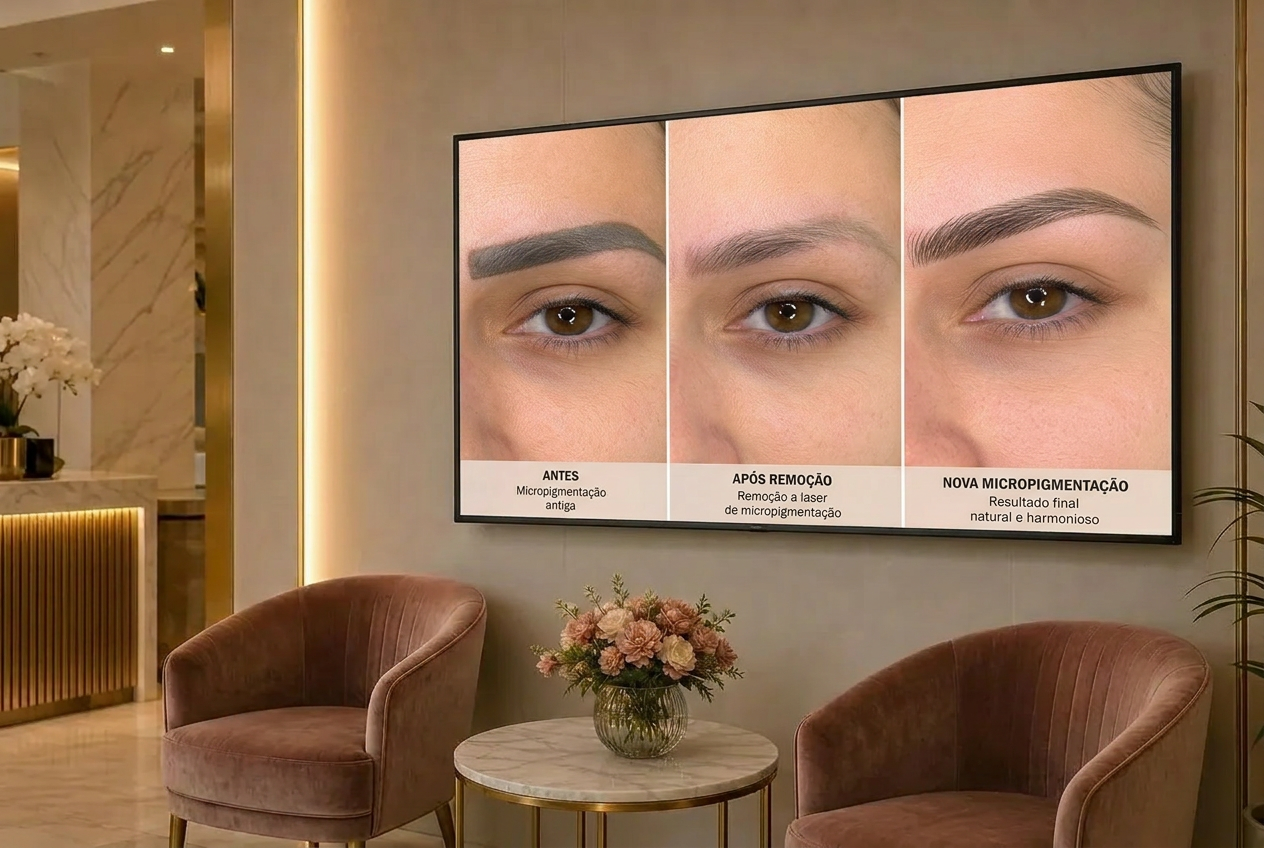 TV horizontal em espaço de estética com slide de antes e depois